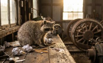 Kreativität trainieren: Waschbär an der Werkbank im Bahnbetriebswerk zwischen zerknüllten Entwürfen und Bleistiften