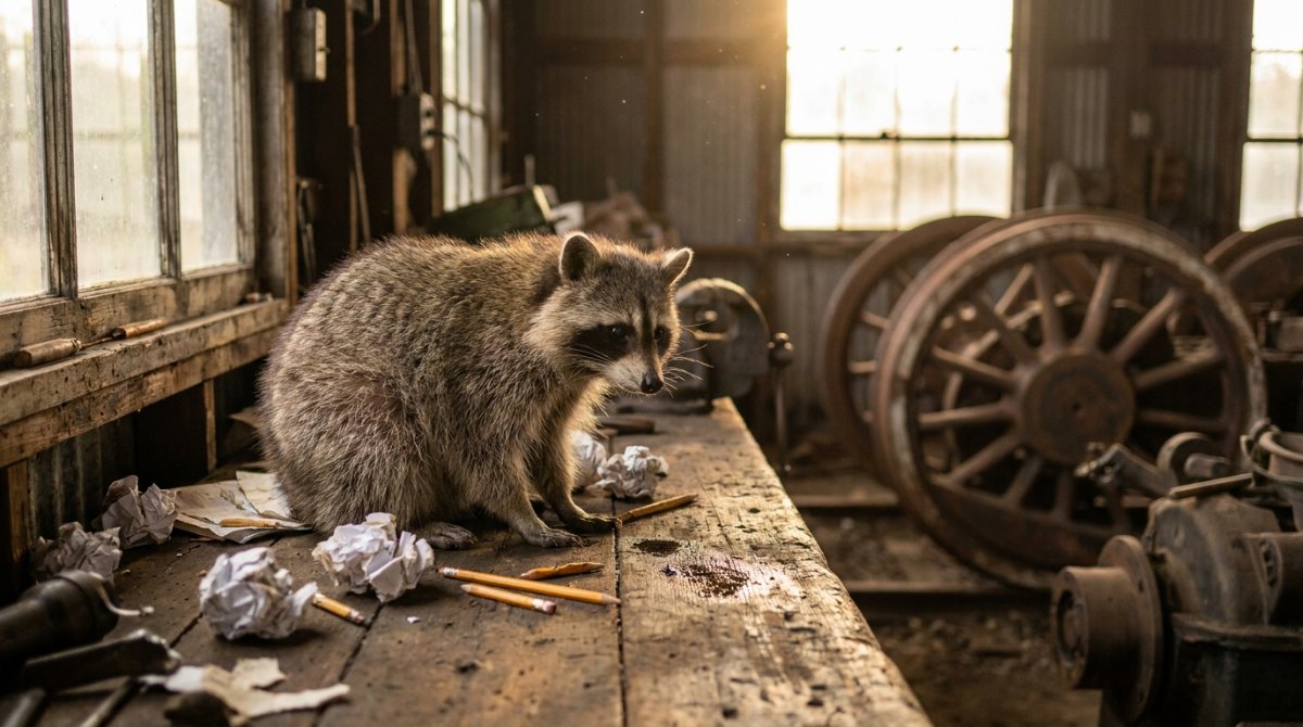 Kreativität trainieren: Waschbär an der Werkbank im Bahnbetriebswerk zwischen zerknüllten Entwürfen und Bleistiften