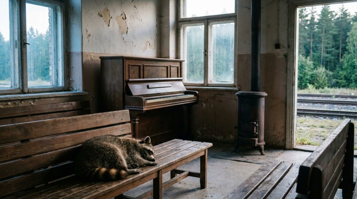 Kreativität trainieren im Halbschlaf: Waschbär döst auf der Bank im Wartesaal eines Landbahnhofs vor einem alten Klavier
