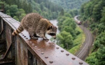 Kreativ sein: Waschbär balanciert auf dem Träger einer hohen Eisenbahnbrücke