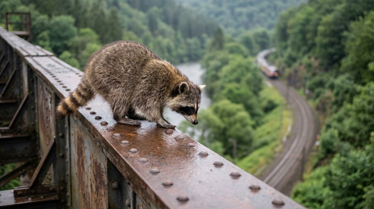 Kreativ sein: Waschbär balanciert auf dem Träger einer hohen Eisenbahnbrücke