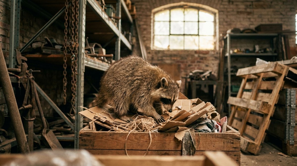 Kreativ sein: Waschbär wühlt in einer Kiste mit Pappe und Schnur in der Bahnwerkstatt