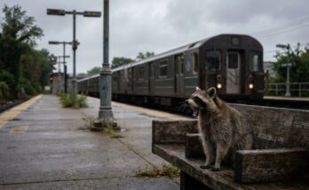 Gähnender Waschbär auf einer Bank am leeren Bahnsteig – so fühlt sich ein langweiliger Auftritt für den Saal an