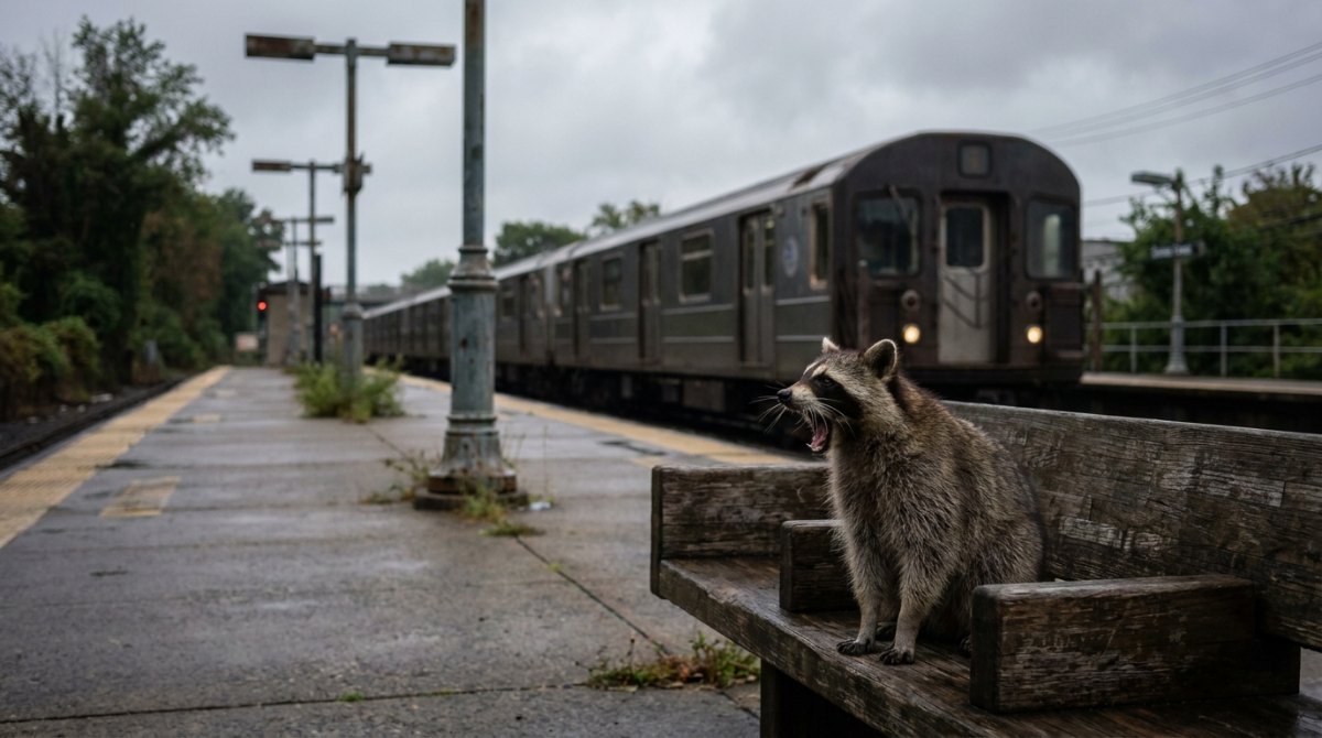 Gähnender Waschbär auf einer Bank am leeren Bahnsteig – so fühlt sich ein langweiliger Auftritt für den Saal an
