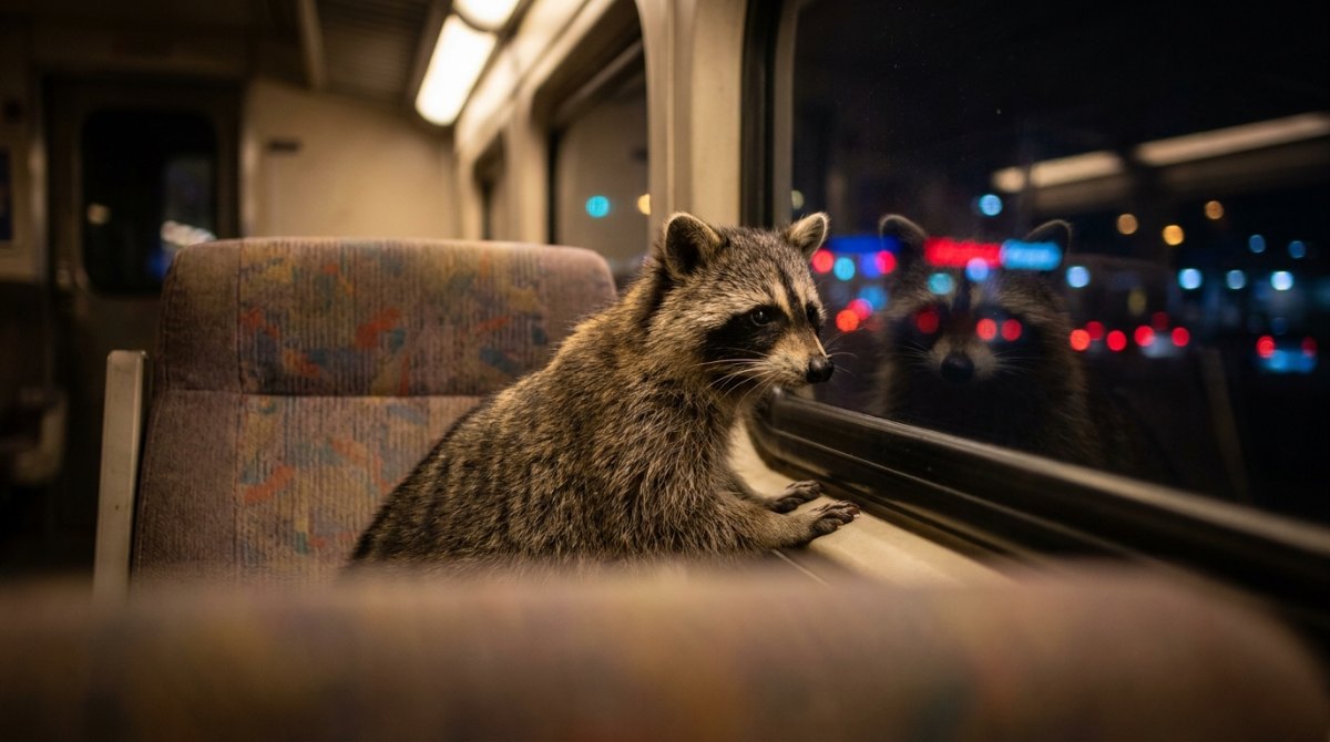 Waschbär im nächtlichen Regionalzug schaut neugierig auf bunte Stadtlichter – raus aus dem langweiligen Auftritt