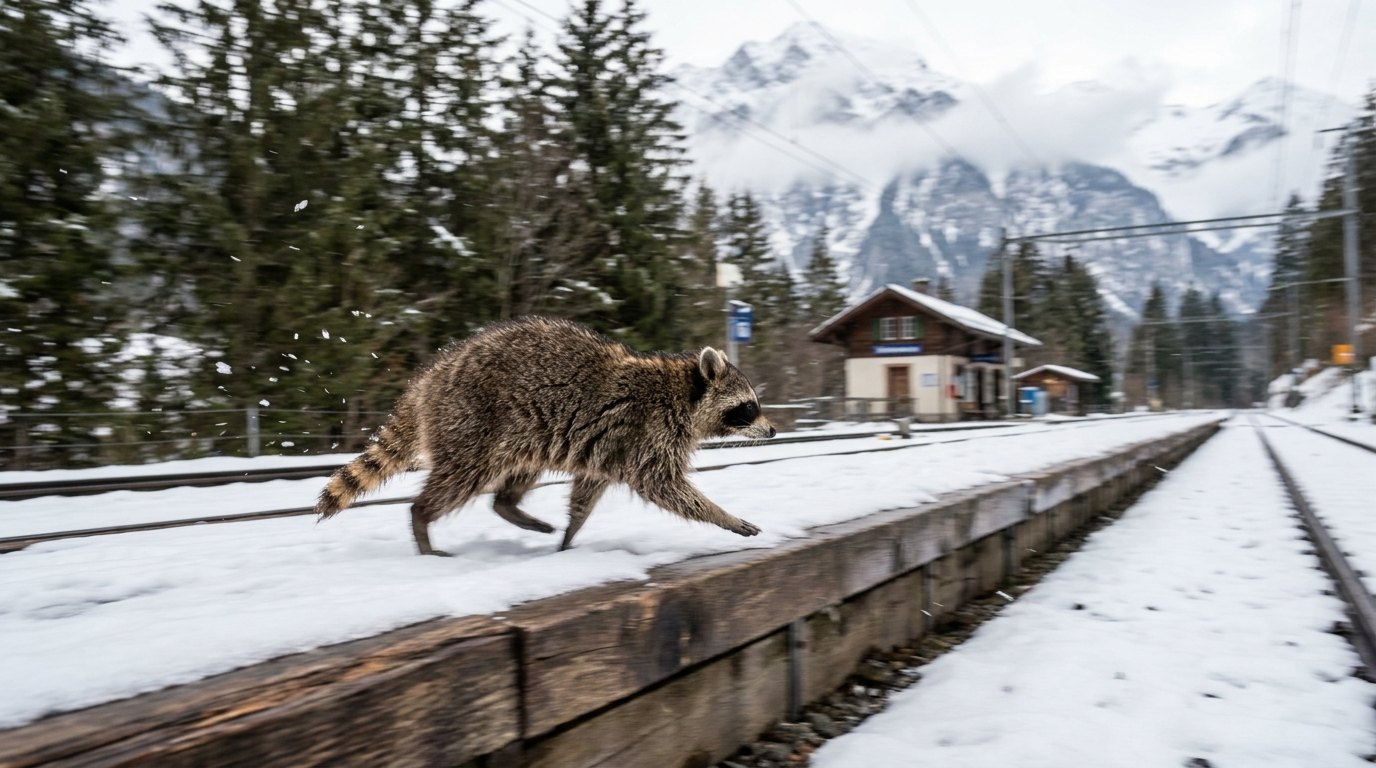 Ein Waschbär rennt schwungvoll über einen verschneiten Bahnsteig in den Schweizer Alpen.