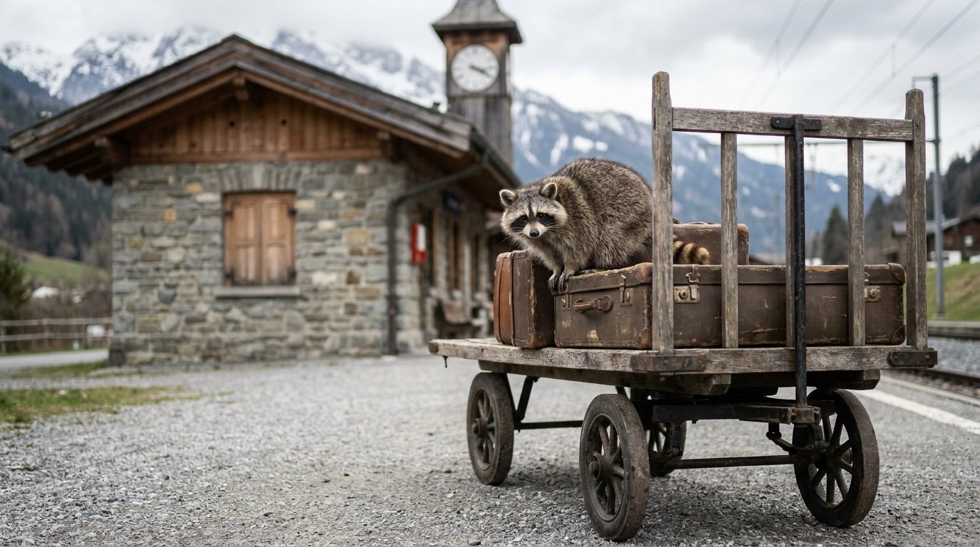 Ein neugieriger Waschbär sitzt auf einem alten Gepäckkarren vor einem Alpenbahnhof.