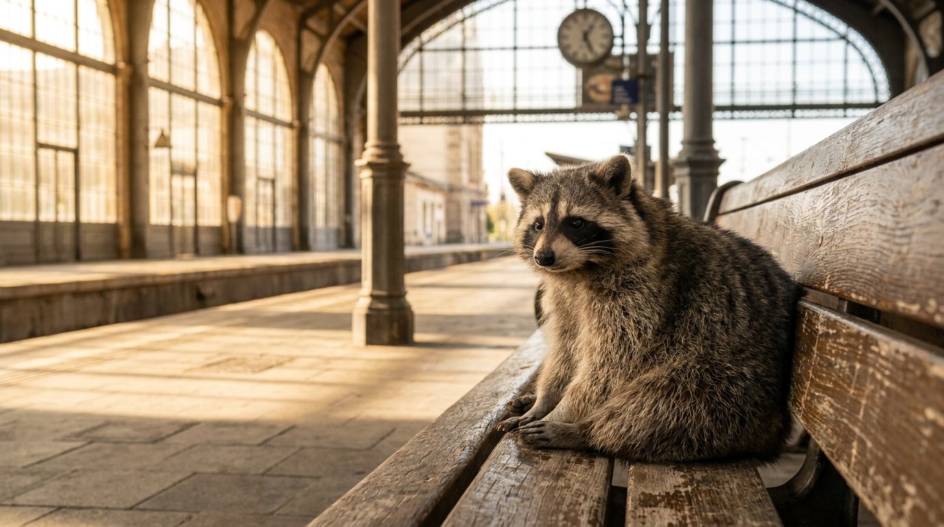 Ein Waschbär sitzt ruhig auf einer sonnenbeschienenen Holzbank in einer stillen Bahnhofshalle