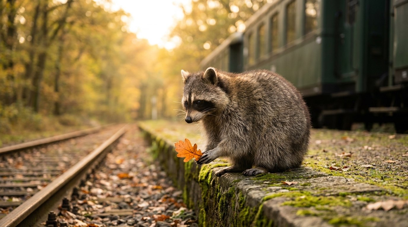 Ein Waschbär hält ein Herbstblatt in den Pfoten auf einem stillen Bahnsteig neben den Gleisen