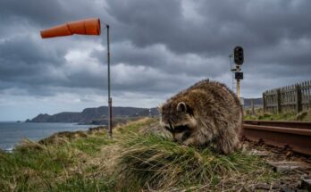 Lautstärke Bühne: Waschbär am windigen Bahndamm an der Küste, daneben ein gespannter Windsack