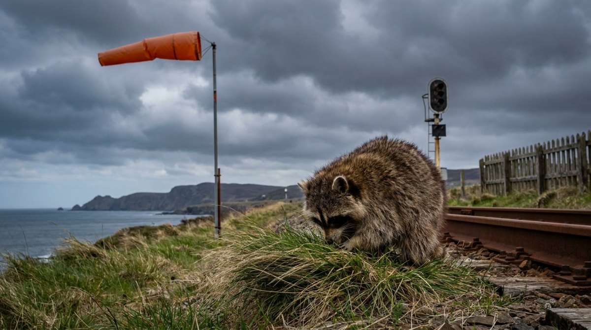 Lautstärke Bühne: Waschbär am windigen Bahndamm an der Küste, daneben ein gespannter Windsack