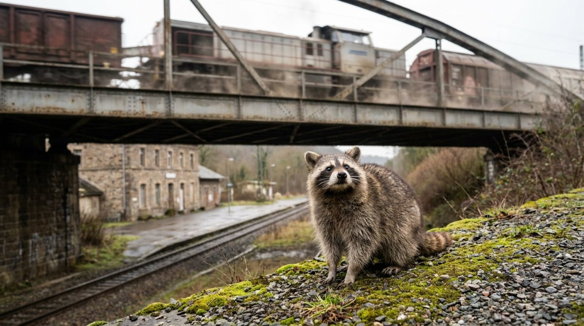 Lautstärke Bühne: Waschbär unter einer Stahlbrücke, über ihm donnert ein Güterzug