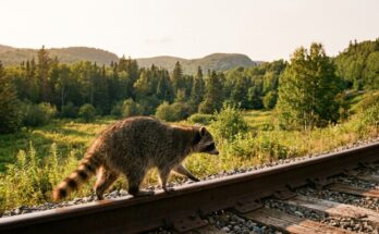 Poetry Slam über das Leben: ein Waschbär läuft an einer langen Bahnstrecke durch Wiesen und Wälder