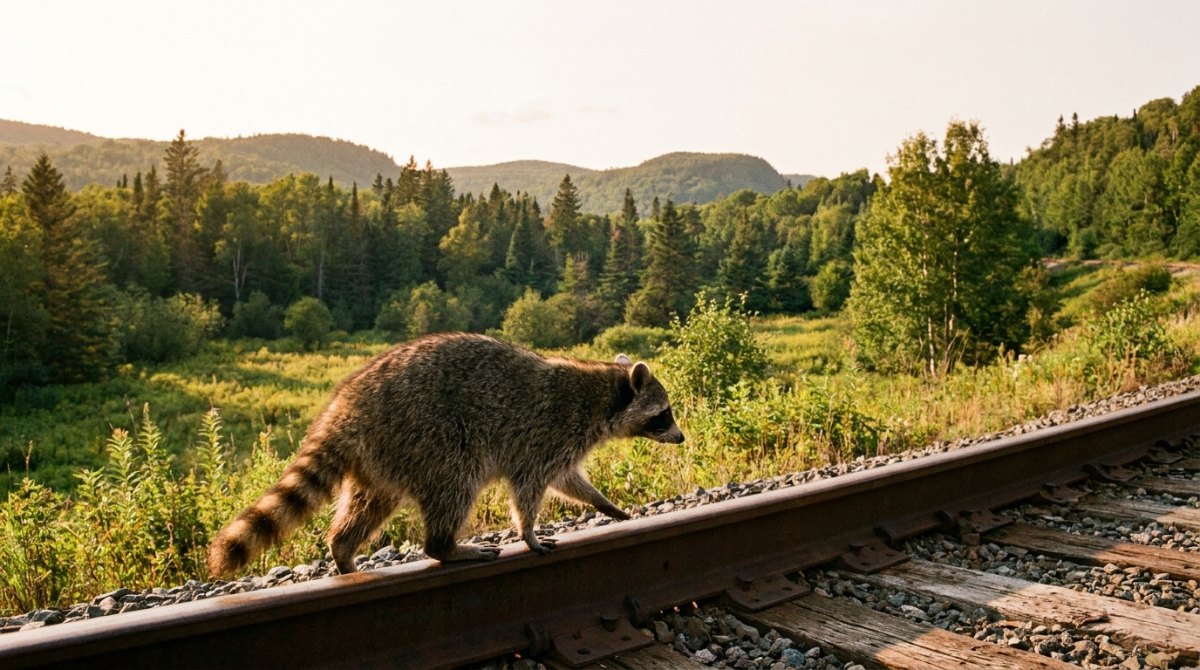Poetry Slam über das Leben: ein Waschbär läuft an einer langen Bahnstrecke durch Wiesen und Wälder