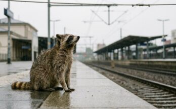 Waschbär sitzt im Regen an der Bahnsteigkante und schaut zur Oberleitung hinauf – lebendig schreiben heißt: erst den Strom prüfen