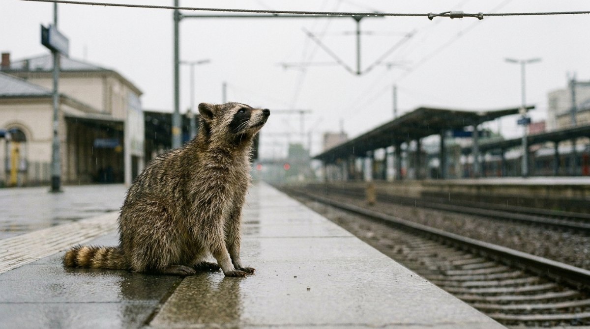 Waschbär sitzt im Regen an der Bahnsteigkante und schaut zur Oberleitung hinauf – lebendig schreiben heißt: erst den Strom prüfen
