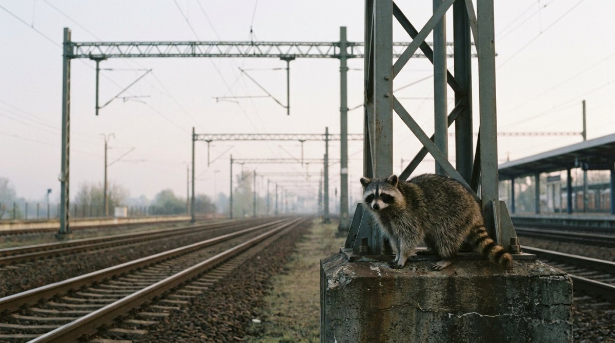 Waschbär sitzt am Fundament eines Oberleitungsmastes an einer elektrifizierten Strecke im Morgenlicht – lebendig schreiben braucht eine Leitung