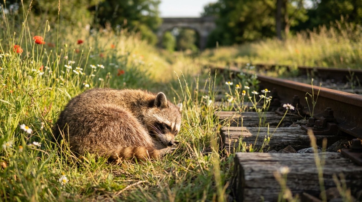 Leben genießen: Ein Waschbär döst im hohen Gras neben einer stillen Bahnstrecke