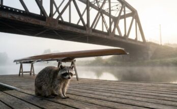Waschbär auf einem Bootssteg unter einer Eisenbahnbrücke, dahinter ein Ruderboot – Leistungsdruck im Poetry Slam