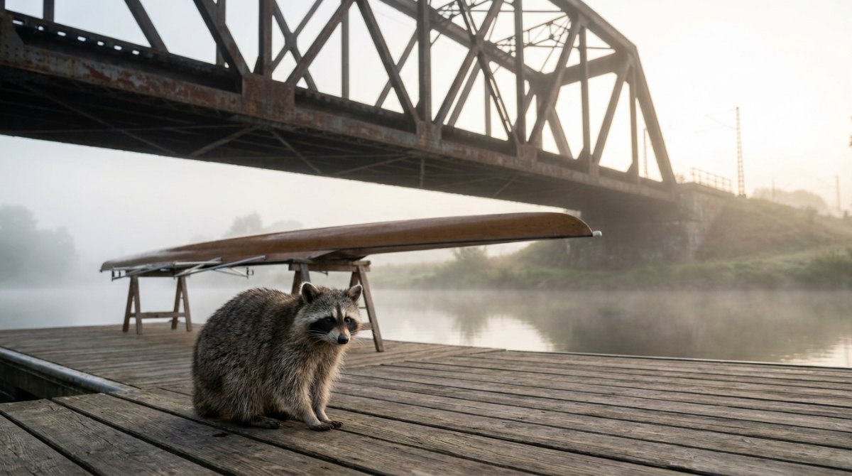 Waschbär auf einem Bootssteg unter einer Eisenbahnbrücke, dahinter ein Ruderboot – Leistungsdruck im Poetry Slam