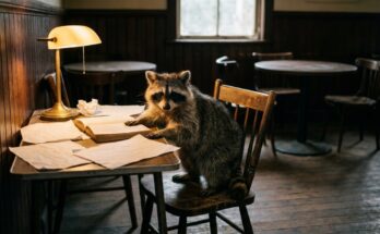 Lesebühne im Bahnhofsbuffet: Waschbär am Lesetisch mit Leselampe und losen Blättern