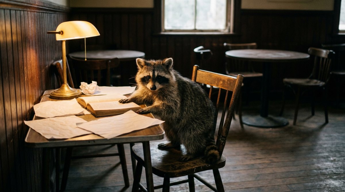 Lesebühne im Bahnhofsbuffet: Waschbär am Lesetisch mit Leselampe und losen Blättern