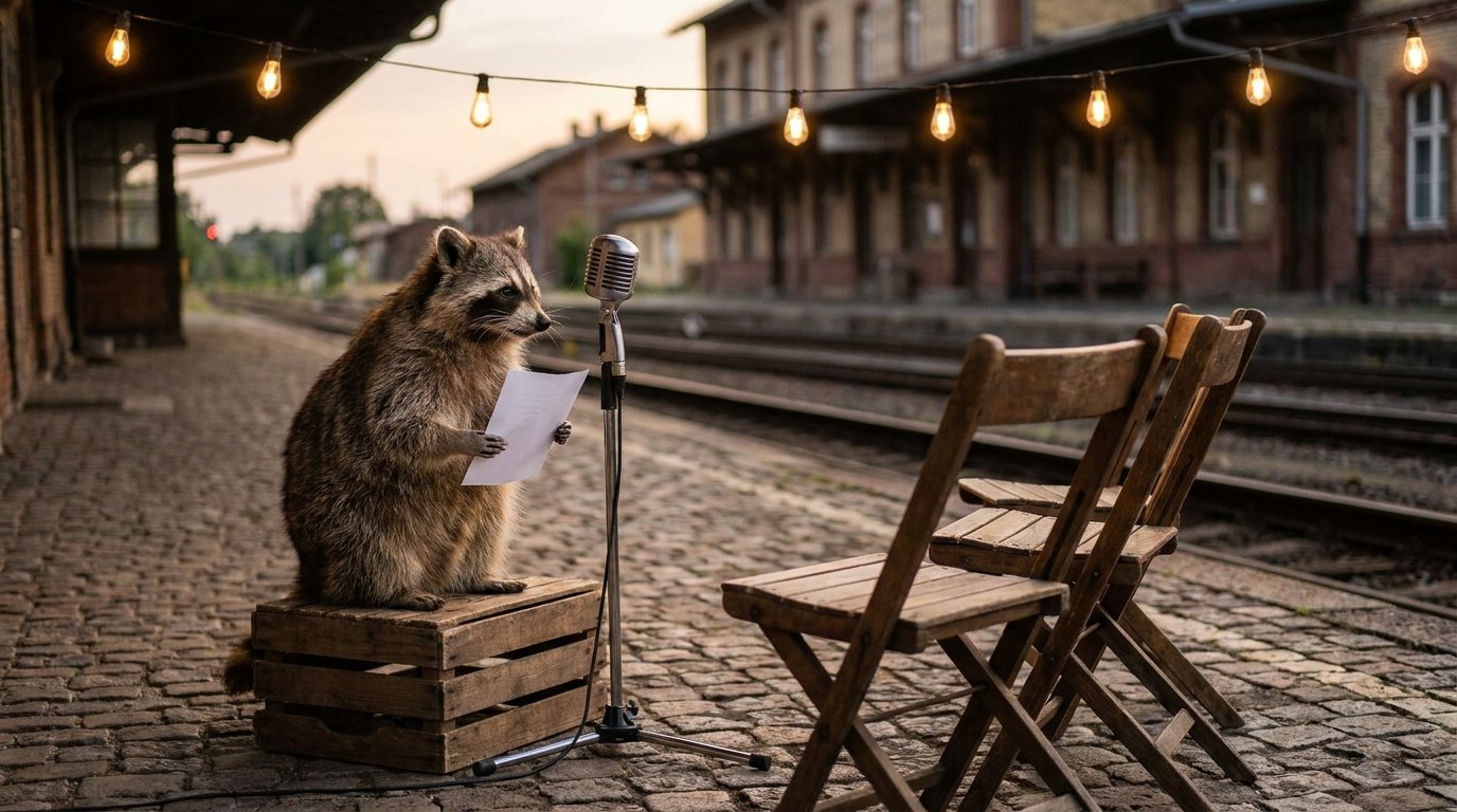 Ein Waschbär liest auf einer kleinen Bühne am Bahnsteig, davor leere Stühle und Lichterketten