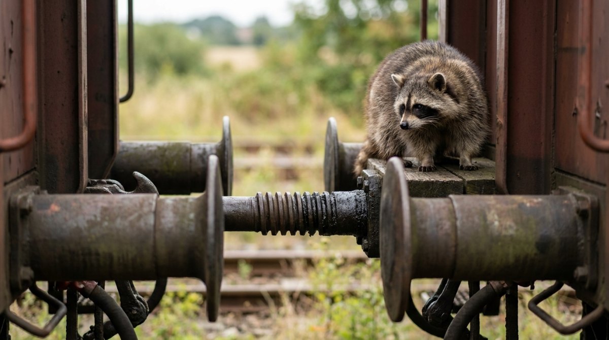Ein Waschbär sitzt auf dem Puffer zwischen zwei gekuppelten Güterwagen