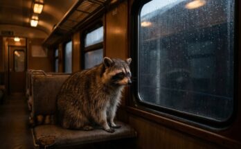 Poetry Slam über Liebeskummer: ein Waschbär sitzt allein am regennassen Fenster eines leeren Abendzugs