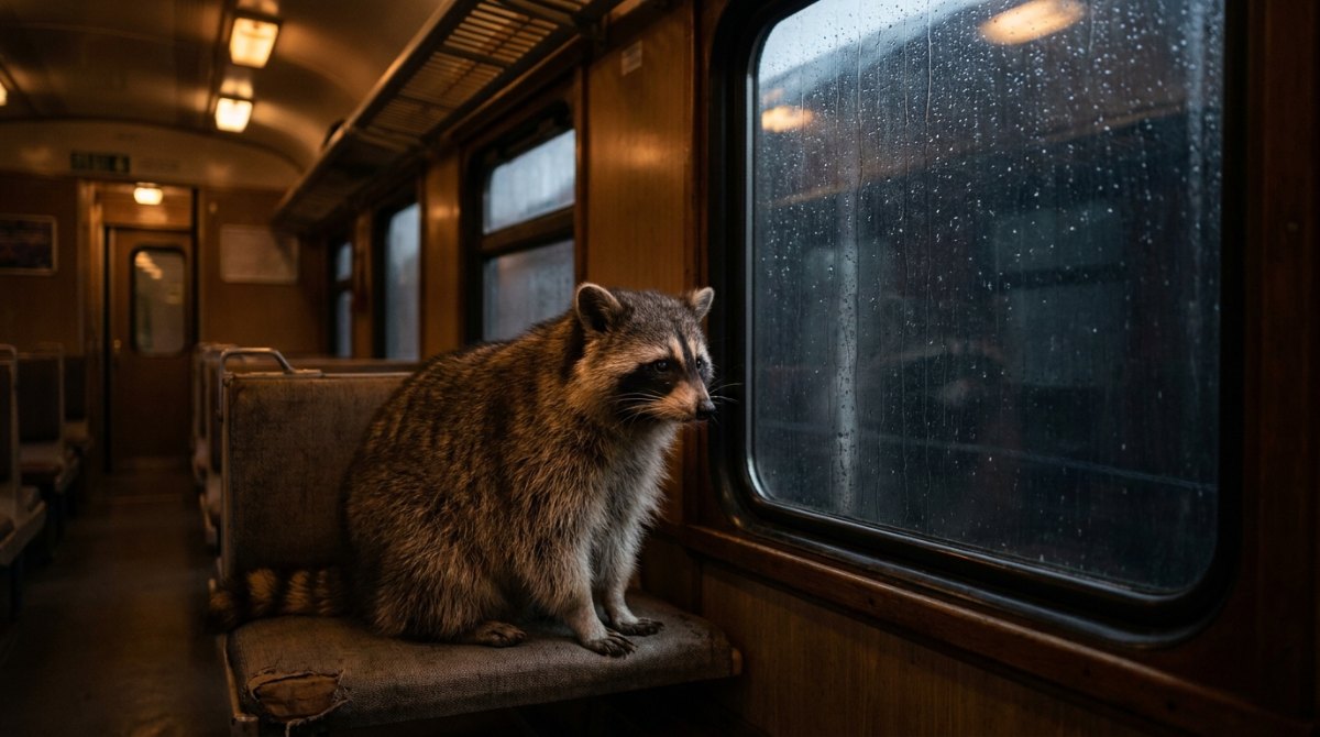 Poetry Slam über Liebeskummer: ein Waschbär sitzt allein am regennassen Fenster eines leeren Abendzugs