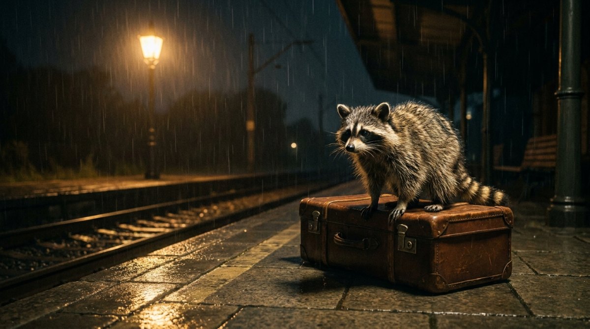 Ein Waschbär sitzt nachts im Regen auf einem alten Koffer auf dem leeren Bahnsteig