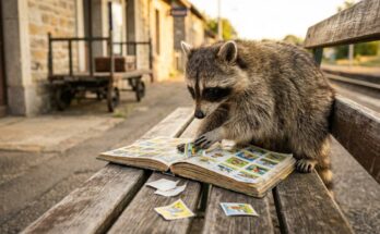Listengedicht: Ein Waschbär blättert auf einer Bahnhofsbank in einem Stickeralbum