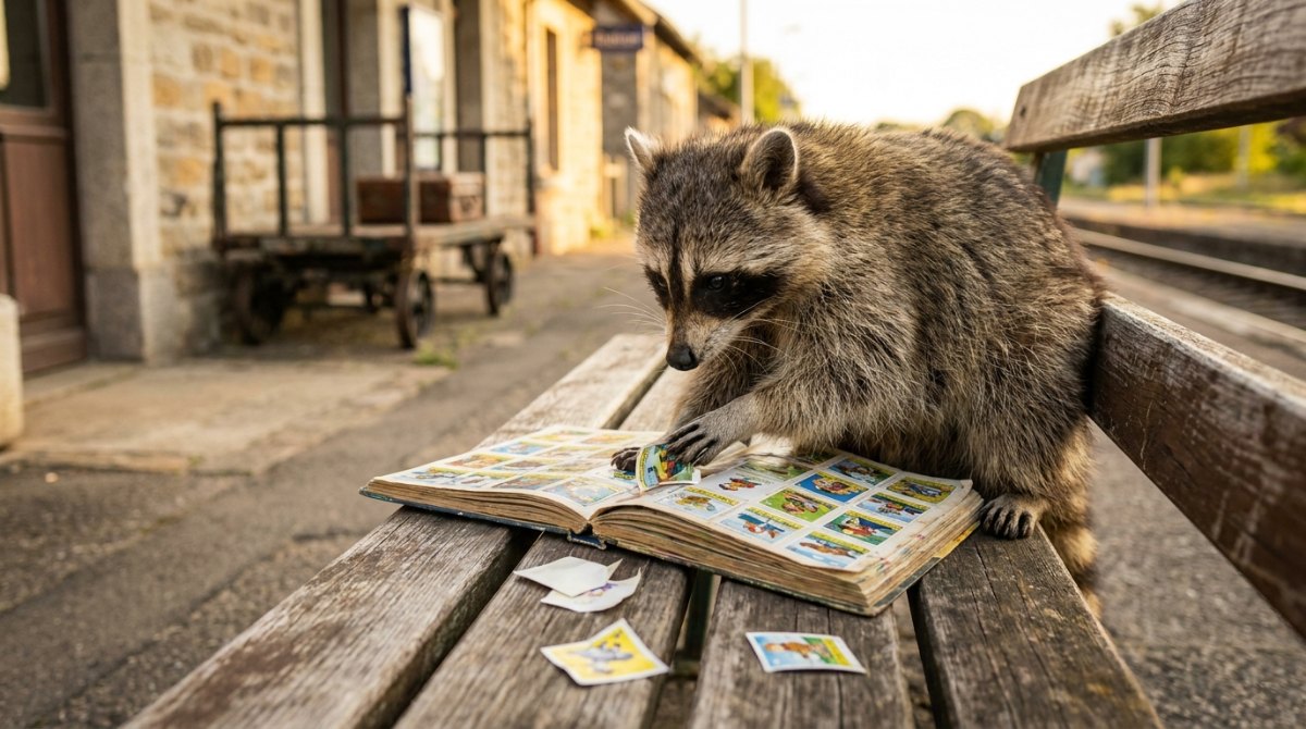 Listengedicht: Ein Waschbär blättert auf einer Bahnhofsbank in einem Stickeralbum