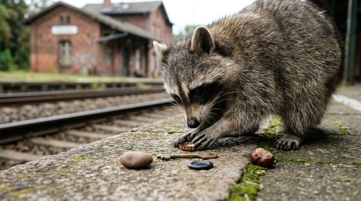 Listengedicht: Ein Waschbär legt Fundstücke in einer Reihe auf die Bahnsteigkante