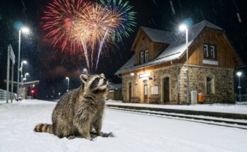 Lustige Texte schreiben: Waschbär auf einem verschneiten Bahnsteig schaut zum Feuerwerk über dem Bahnhof