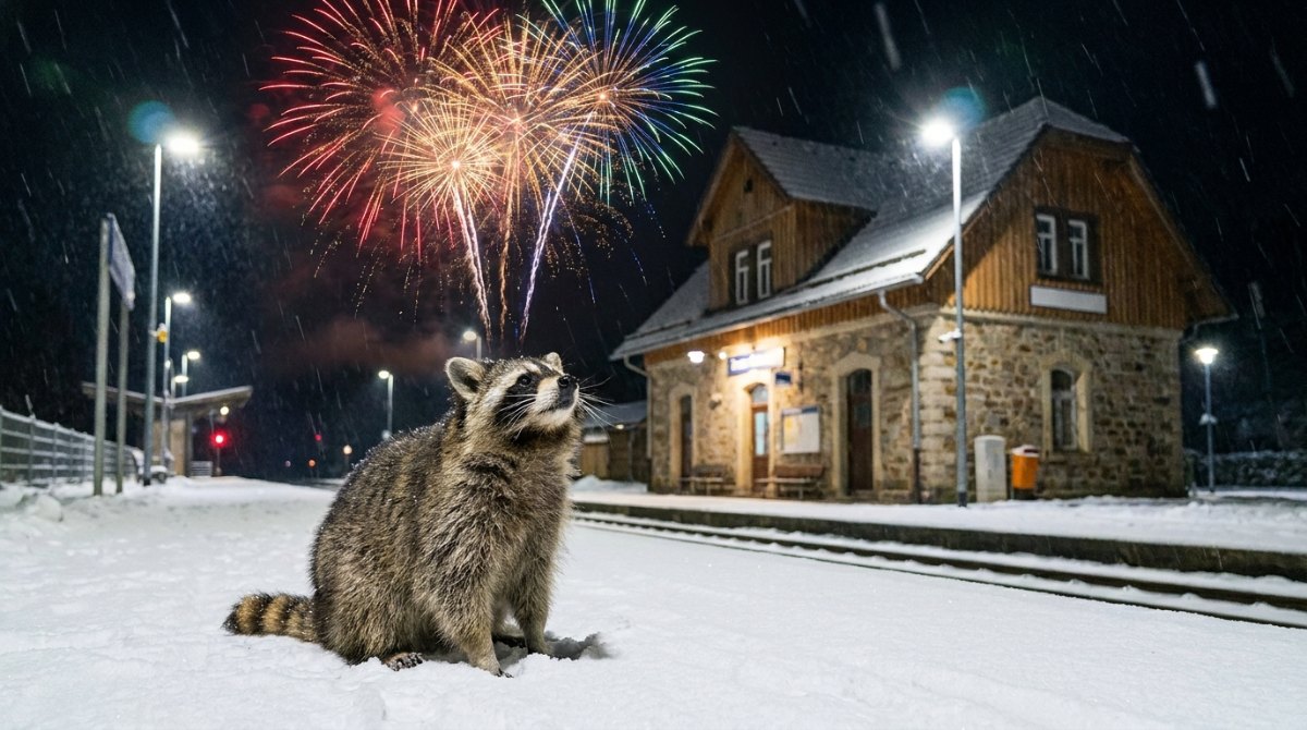 Lustige Texte schreiben: Waschbär auf einem verschneiten Bahnsteig schaut zum Feuerwerk über dem Bahnhof