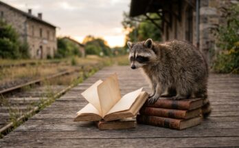 Lyrik schreiben: Waschbär auf einem Stapel alter Bücher am Bahnsteig, daneben ein aufgeschlagenes leeres Buch