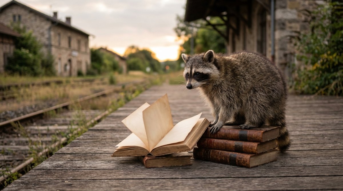 Lyrik schreiben: Waschbär auf einem Stapel alter Bücher am Bahnsteig, daneben ein aufgeschlagenes leeres Buch