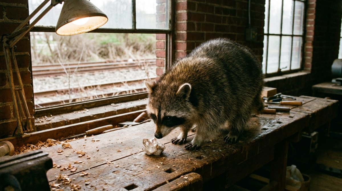 Lyrik schreiben als Handwerk: Waschbär schnuppert an einem Rohkristall auf der Werkbank neben den Gleisen