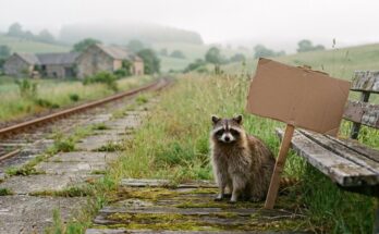 Waschbär sitzt neben einem leeren Pappschild an einem zugewachsenen Haltepunkt einer Nebenbahn – das Manifest für die Bühne