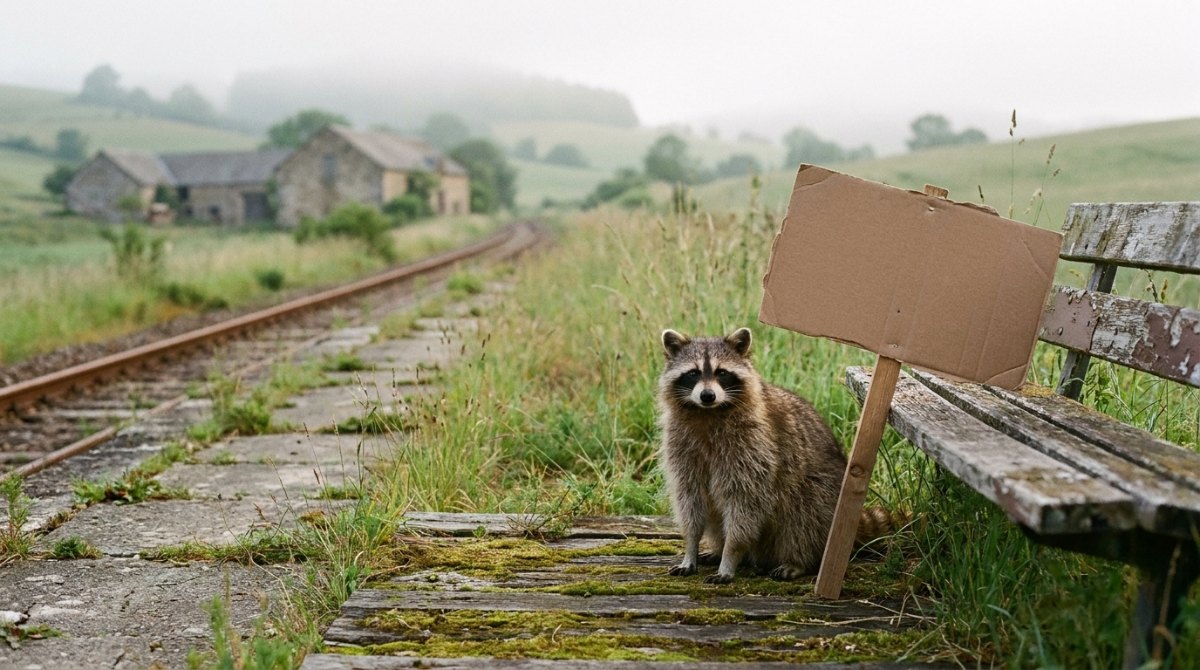 Waschbär sitzt neben einem leeren Pappschild an einem zugewachsenen Haltepunkt einer Nebenbahn – das Manifest für die Bühne
