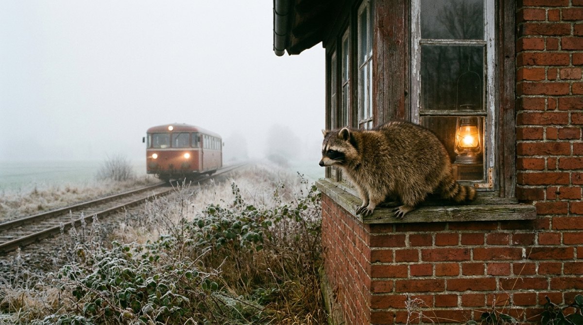 Waschbär auf dem Fensterbrett eines alten Backstein-Stellwerks, im Nebel nähert sich ein Schienenbus – ein Manifest für Bühnenmenschen