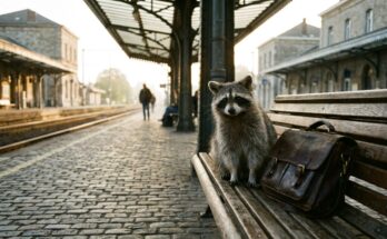 Waschbär auf einer Bahnsteigbank neben einer alten Aktentasche – Man lernt nie aus, auch nicht beim Poetry Slam