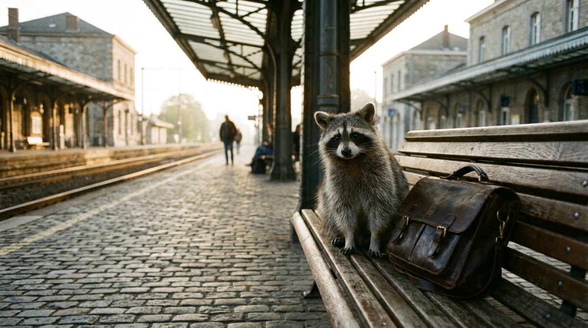 Waschbär auf einer Bahnsteigbank neben einer alten Aktentasche – Man lernt nie aus, auch nicht beim Poetry Slam