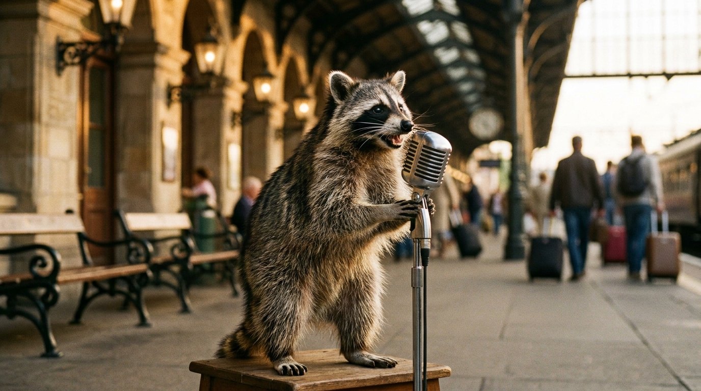 Waschbär an einem Standmikrofon auf einer kleinen Bühne am Bahnsteig