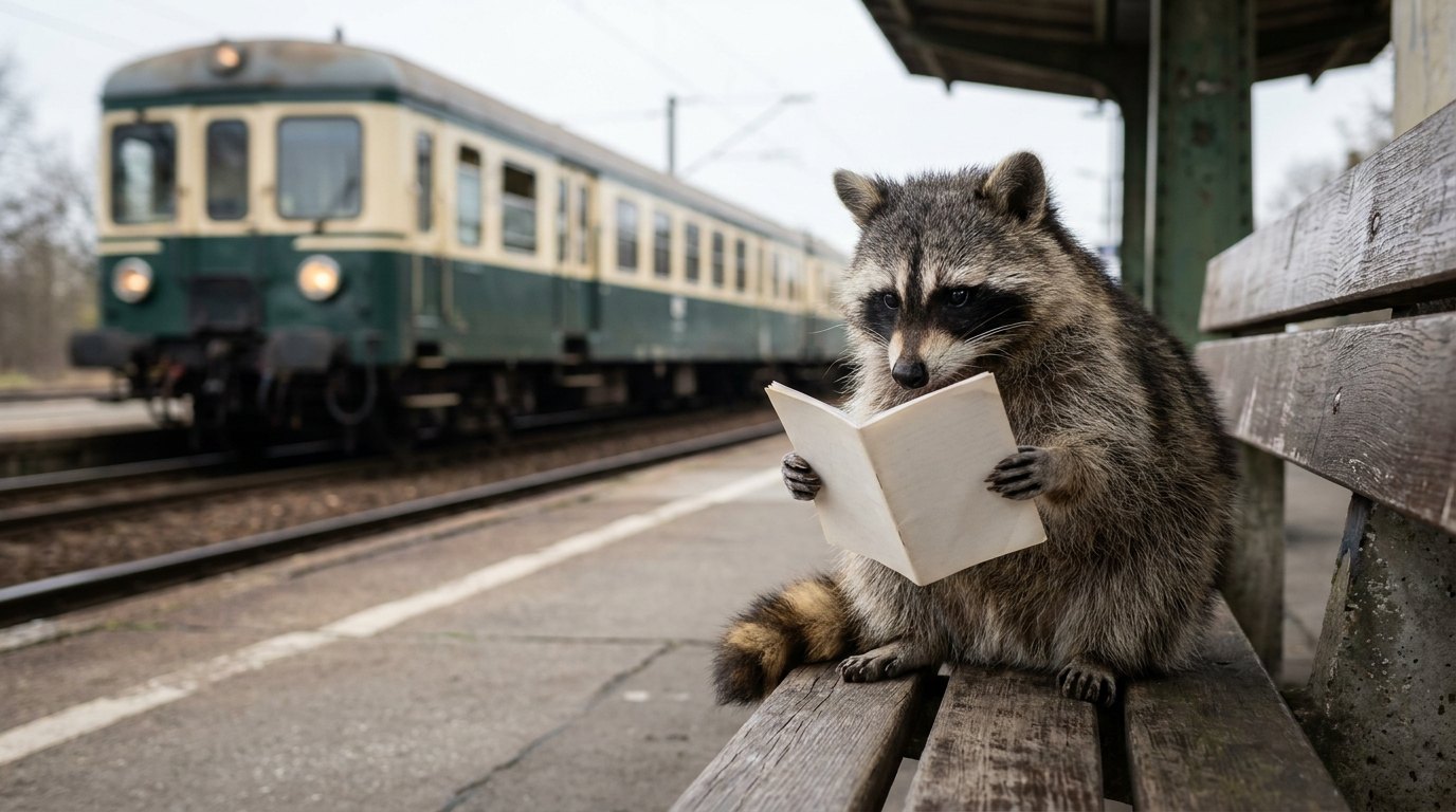 Waschbär sitzt auf einer Bank am Bahnsteig und schaut in ein Heft, im Hintergrund ein Zug