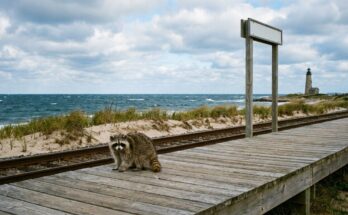 Poetry Slam über das Meer: ein Waschbär auf dem Holzbahnsteig einer Küstenbahn, dahinter Meer und Leuchtturm