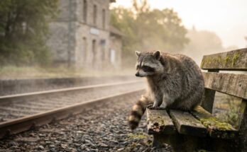 Mentales Training: Ein Waschbär sitzt still auf einer Holzbank am nebligen Bahnsteig