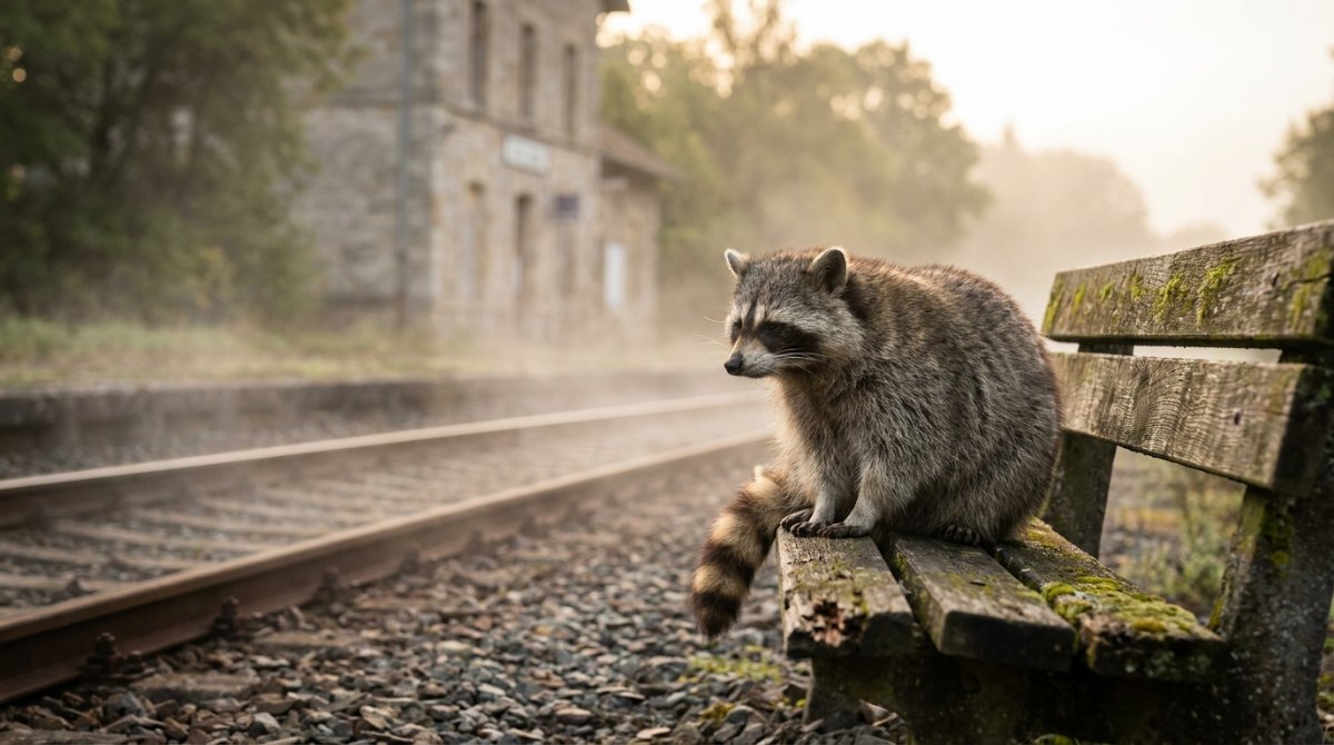 Mentales Training: Ein Waschbär sitzt still auf einer Holzbank am nebligen Bahnsteig