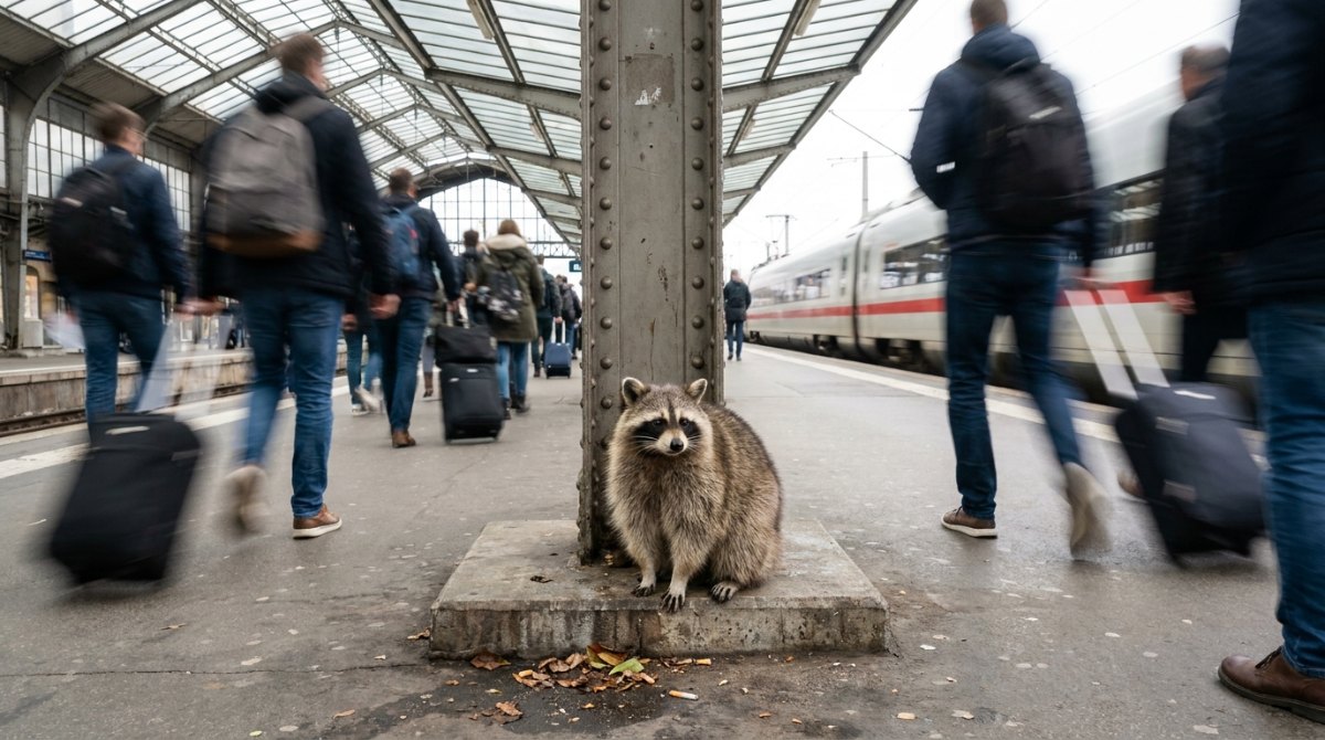 Mentales Training für Poetry Slam: Ein Waschbär bleibt ruhig, während Reisende über den Bahnsteig eilen